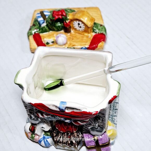 Vtg Christmas Fireplace Chimney Sugar Bowl Lidded & Free Green Glass Spoon READ - Picture 7 of 12